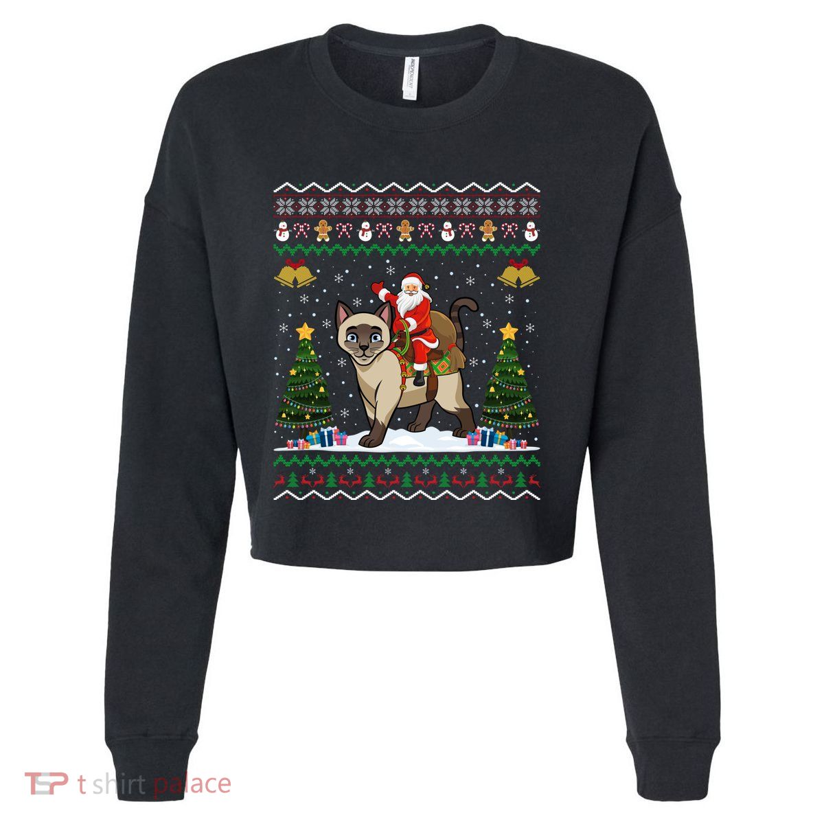 Siamese Cat Lover Santa Riding Siamese Cat Ugly Christmas Cropped Pullover Crew