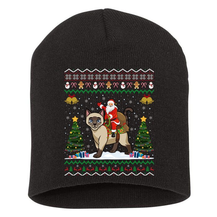 Siamese Cat Lover Santa Riding Siamese Cat Ugly Christmas Short Acrylic Beanie