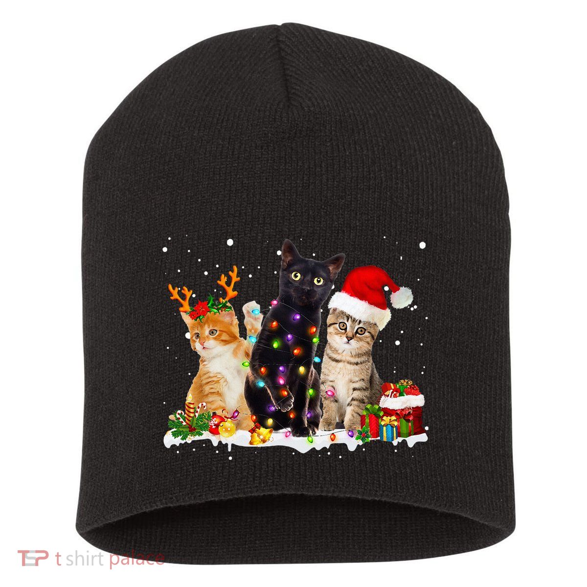 Santa Cat Light Gorgeous Reindeer Pajama Christmas Cat Lover Short Acrylic Beanie