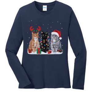 Santa Cat Light Gorgeous Reindeer Pajama Christmas Cat Lover Ladies Long Sleeve Shirt