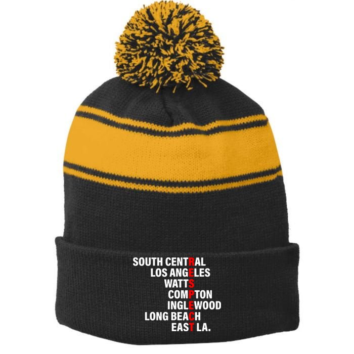 South Central Los Angeles Respect Watts Compton Stripe Pom Pom Beanie
