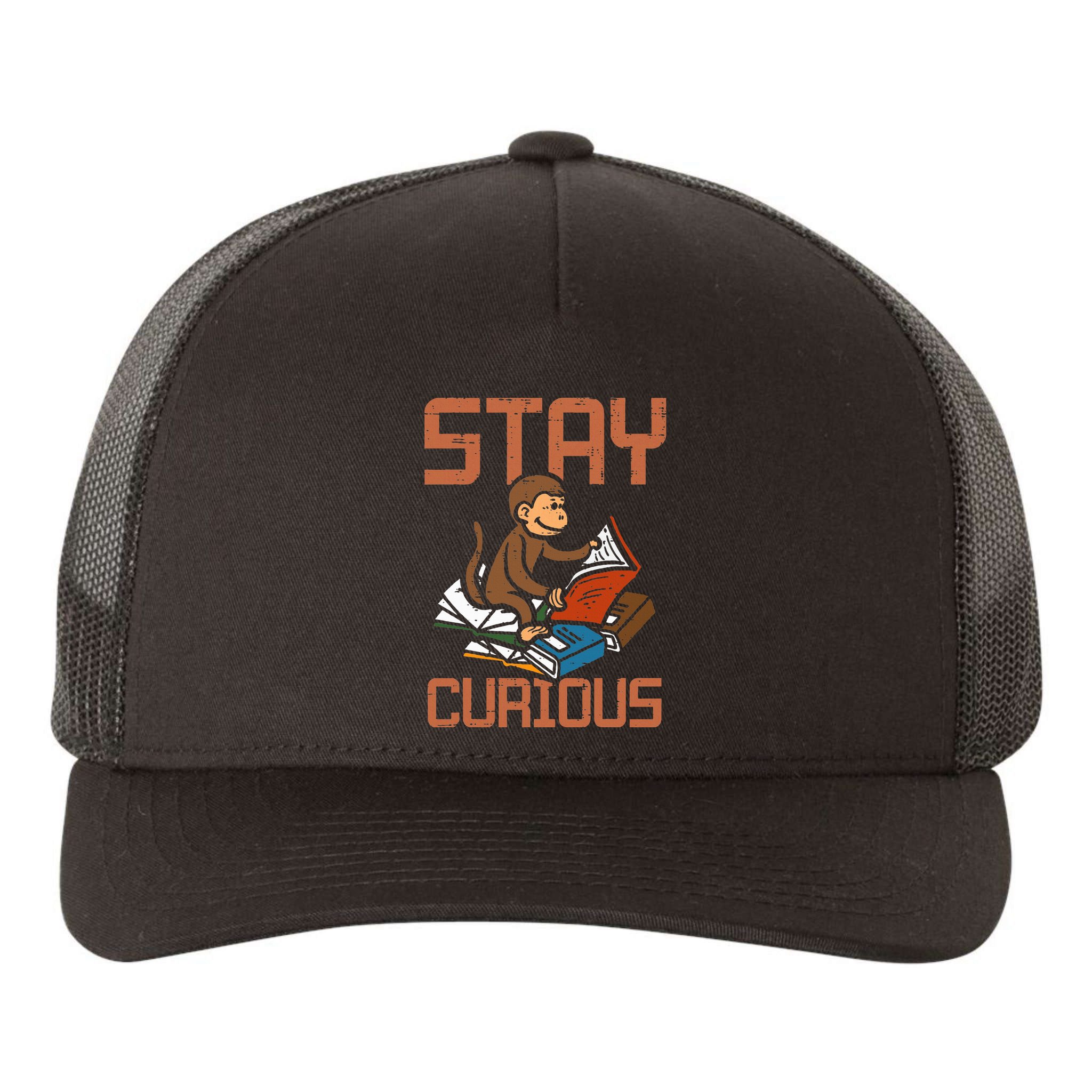 Stay Curious Monkey Reading Yupoong Adult 5-Panel Trucker Hat