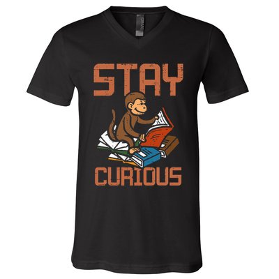 Stay Curious Monkey Reading V-Neck T-Shirt