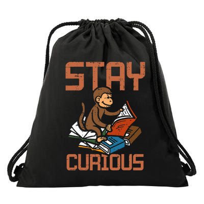 Stay Curious Monkey Reading Drawstring Bag