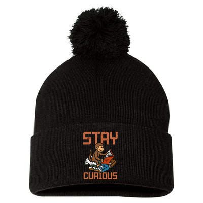 Stay Curious Monkey Reading Pom Pom 12in Knit Beanie
