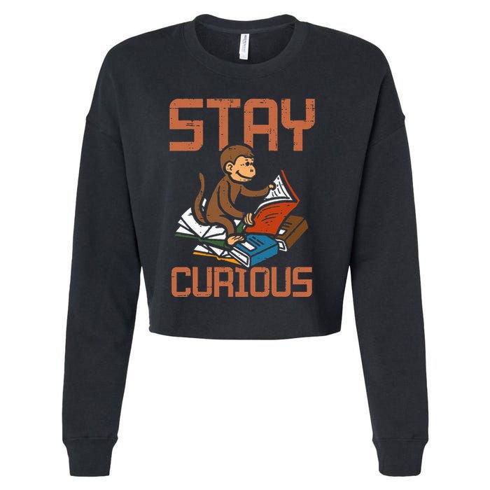 Stay Curious Monkey Reading Cropped Pullover Crew