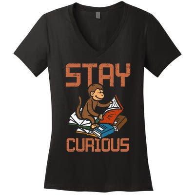 Stay Curious Monkey Reading Women's V-Neck T-Shirt