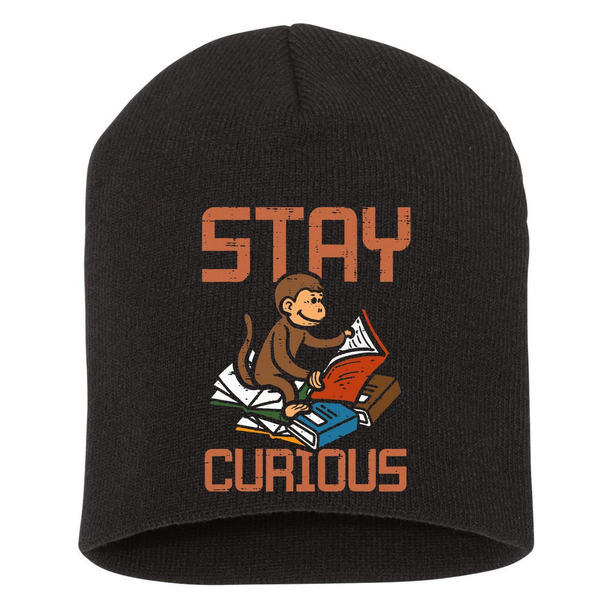 Stay Curious Monkey Reading Short Acrylic Beanie