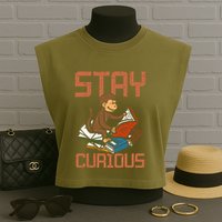 Stay Curious Monkey Reading Garment-Dyed Women's Muscle Tee