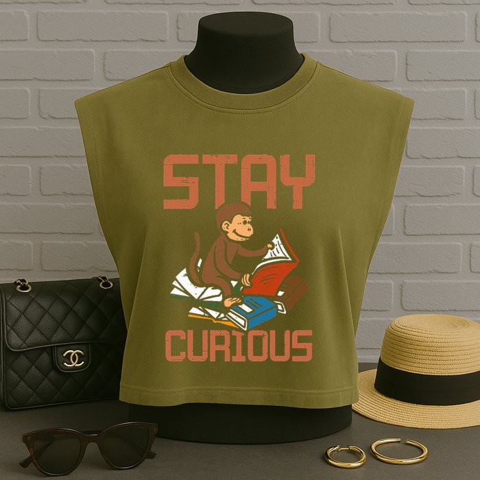 Stay Curious Monkey Reading Garment-Dyed Women's Muscle Tee