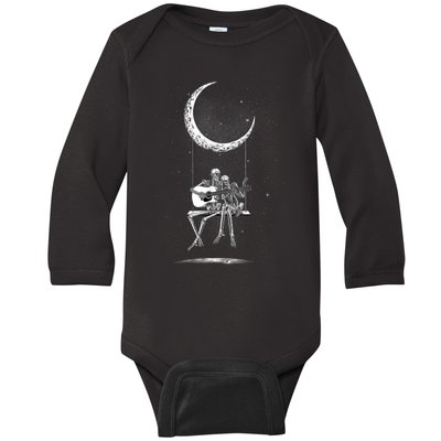 Skeleton Couple Moon Swing Playing Guitar Halloween Rock On Baby Long Sleeve Bodysuit