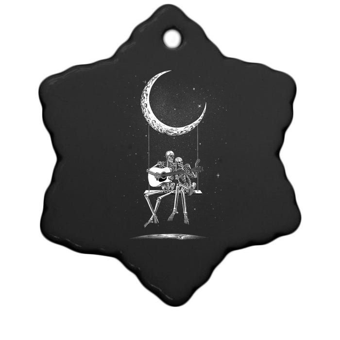 Skeleton Couple Moon Swing Playing Guitar Halloween Rock On Ceramic Star Ornament