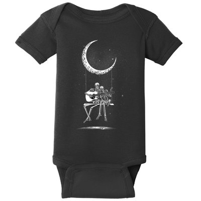 Skeleton Couple Moon Swing Playing Guitar Halloween Rock On Baby Bodysuit