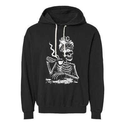 Skeleton Coffee Messy Bun Front Design Garment-Dyed Fleece Hoodie