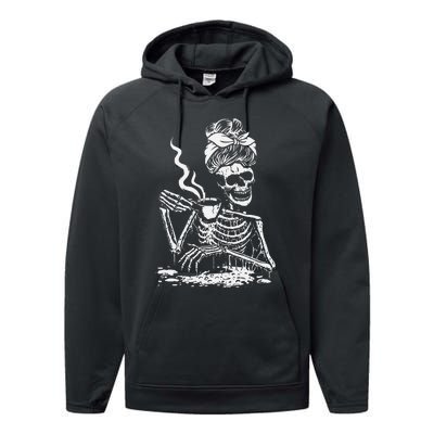 Skeleton Coffee Messy Bun Front Design Performance Fleece Hoodie