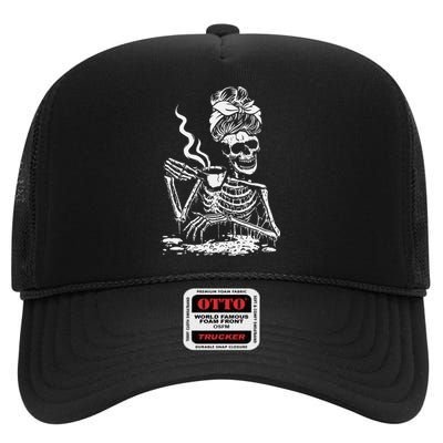 Skeleton Coffee Messy Bun Front Design High Crown Mesh Back Trucker Hat