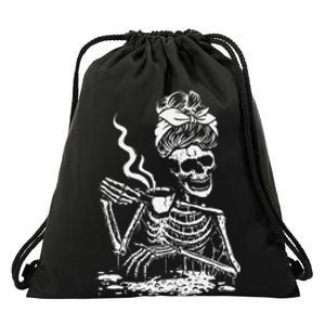 Skeleton Coffee Messy Bun Front Design Drawstring Bag