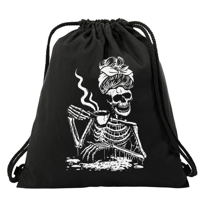 Skeleton Coffee Messy Bun Front Design Drawstring Bag