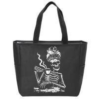 Skeleton Coffee Messy Bun Front Design Zip Tote Bag