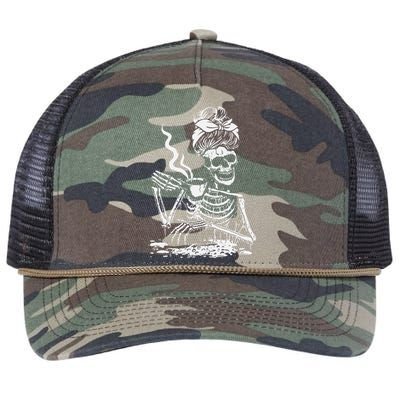 Skeleton Coffee Messy Bun Front Design Retro Rope Trucker Hat Cap