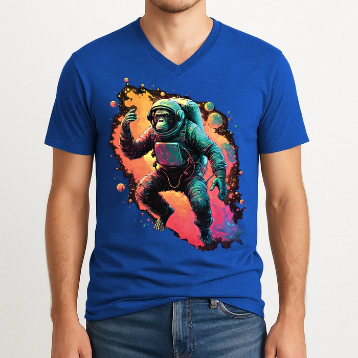 Space Chimp Monkey Astronaut Cosmonaut Cool Graphic Gift V-Neck T-Shirt