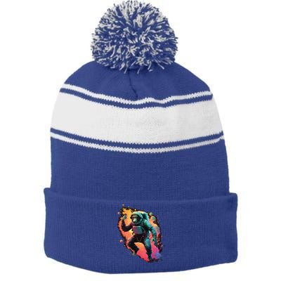 Space Chimp Monkey Astronaut Cosmonaut Cool Graphic Gift Stripe Pom Pom Beanie
