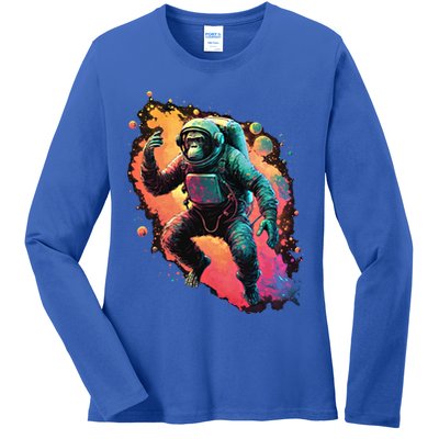 Space Chimp Monkey Astronaut Cosmonaut Cool Graphic Gift Ladies Long Sleeve Shirt