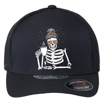 Skeleton Coffee Messy Bun Halloween Gift Flexfit Unipanel Trucker Cap