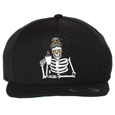 Skeleton Coffee Messy Bun Halloween Gift Wool Snapback Cap