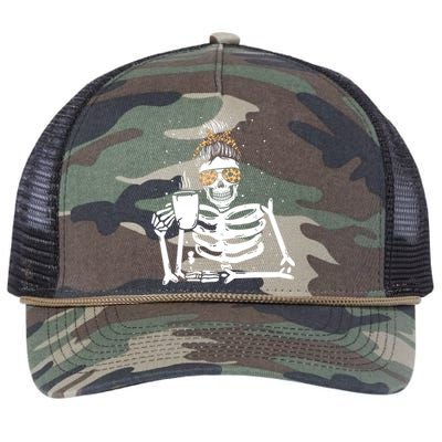 Skeleton Coffee Messy Bun Halloween Gift Retro Rope Trucker Hat Cap