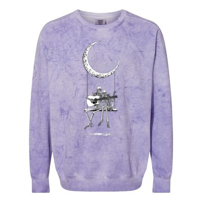 Skeleton Couple Moon Swing Playing Guitar Halloween Rock On Colorblast Crewneck Sweatshirt