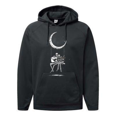 Skeleton Couple Moon Swing Playing Guitar Halloween Rock On Performance Fleece Hoodie