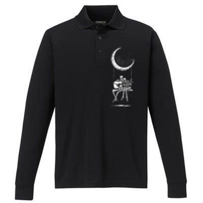 Skeleton Couple Moon Swing Playing Guitar Halloween Rock On Performance Long Sleeve Polo