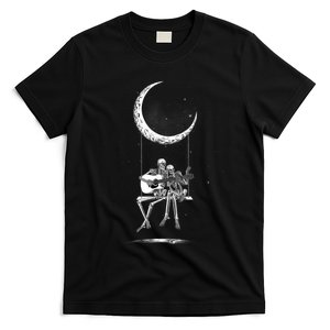 Skeleton Couple Moon Swing Playing Guitar Halloween Rock On T-Shirt