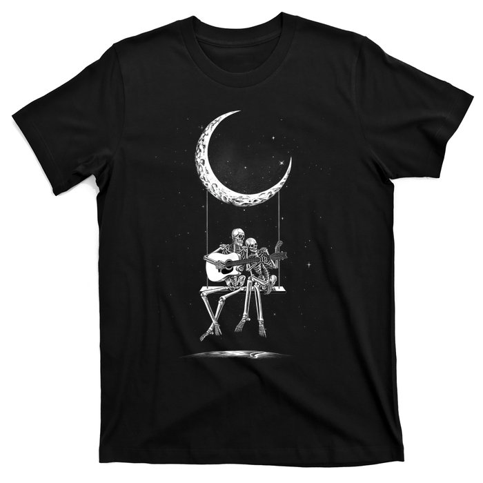 Skeleton Couple Moon Swing Playing Guitar Halloween Rock On T-Shirt