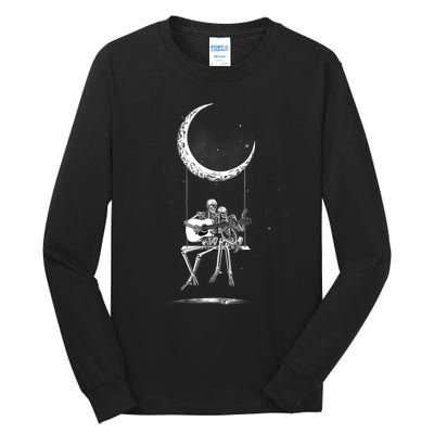 Skeleton Couple Moon Swing Playing Guitar Halloween Rock On Tall Long Sleeve T-Shirt