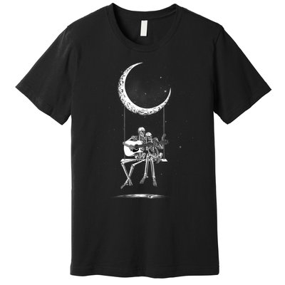 Skeleton Couple Moon Swing Playing Guitar Halloween Rock On Premium T-Shirt