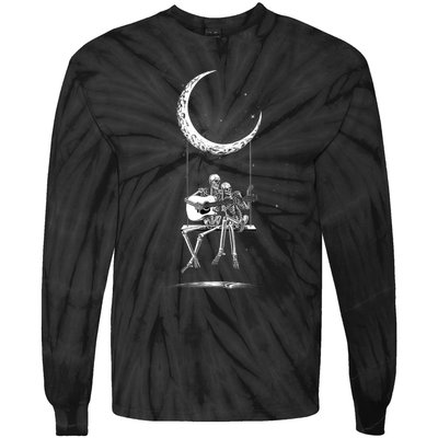 Skeleton Couple Moon Swing Playing Guitar Halloween Rock On Tie-Dye Long Sleeve Shirt