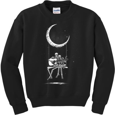 Skeleton Couple Moon Swing Playing Guitar Halloween Rock On Kids Sweatshirt