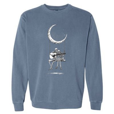 Skeleton Couple Moon Swing Playing Guitar Halloween Rock On Garment-Dyed Sweatshirt