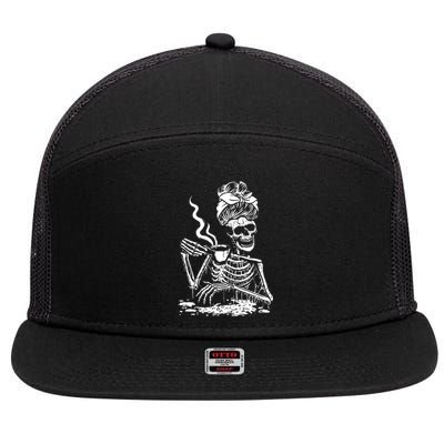 Skeleton Coffee Messy Bun Front Design Gift 7 Panel Mesh Trucker Snapback Hat