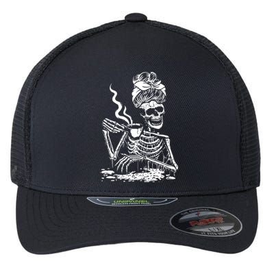 Skeleton Coffee Messy Bun Front Design Gift Flexfit Unipanel Trucker Cap