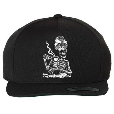 Skeleton Coffee Messy Bun Front Design Gift Wool Snapback Cap