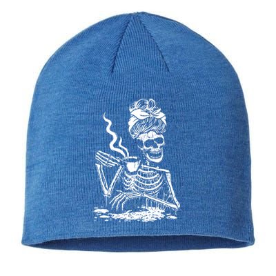 Skeleton Coffee Messy Bun Front Design Gift Sustainable Beanie