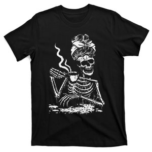 Skeleton Coffee Messy Bun Front Design T-Shirt