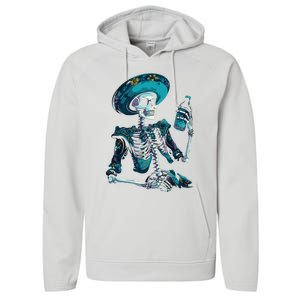 Skeleton Charro Mexican Skull Tequila Long Sleeve Performance Fleece Hoodie