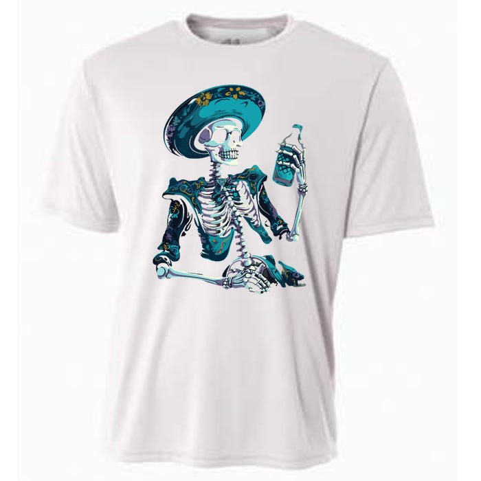 Skeleton Charro Mexican Skull Tequila Long Sleeve Cooling Performance Crew T-Shirt