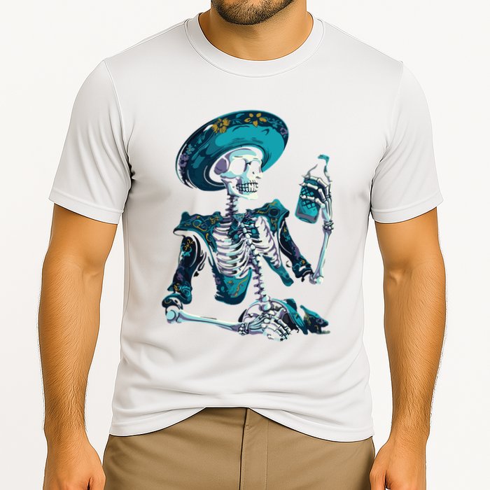 Skeleton Charro Mexican Skull Tequila Long Sleeve Cooling Performance Crew T-Shirt