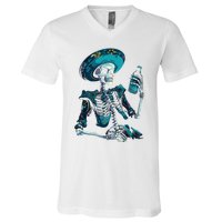 Skeleton Charro Mexican Skull Tequila Long Sleeve V-Neck T-Shirt