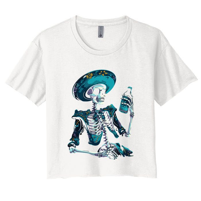 Skeleton Charro Mexican Skull Tequila Long Sleeve Women's Crop Top Tee
